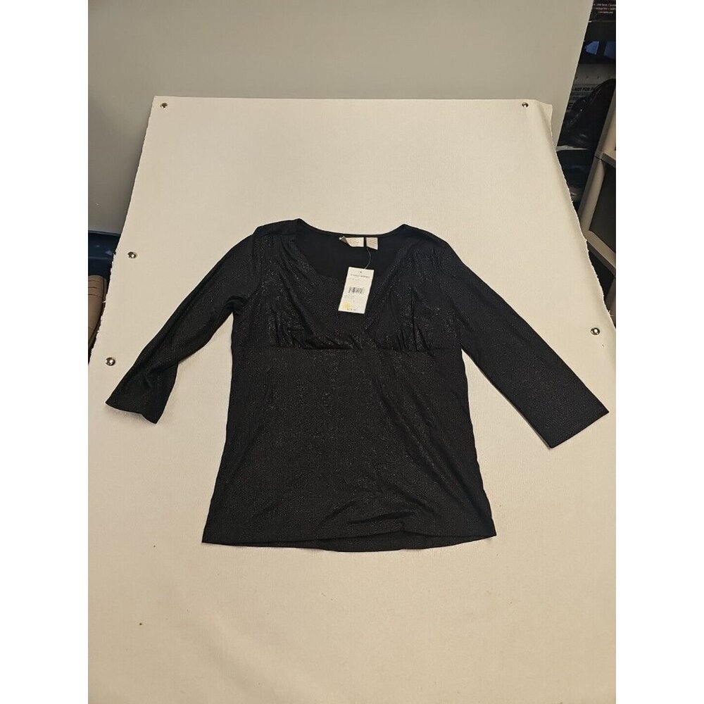 Studio Works Womens Black Metallic Shimmer V-Neck Empire Waist Top DEK2053 S